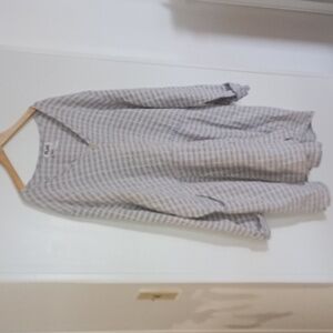 Flax Pure Linen Lagenlook LS Button-Up Blouse Top Lt Blue and Cream